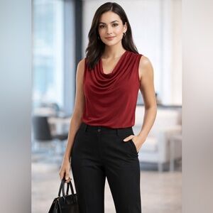 Worthington Red Sleeveless Blouse Size Sm, Draped Neck Top, Stretch Work Tank